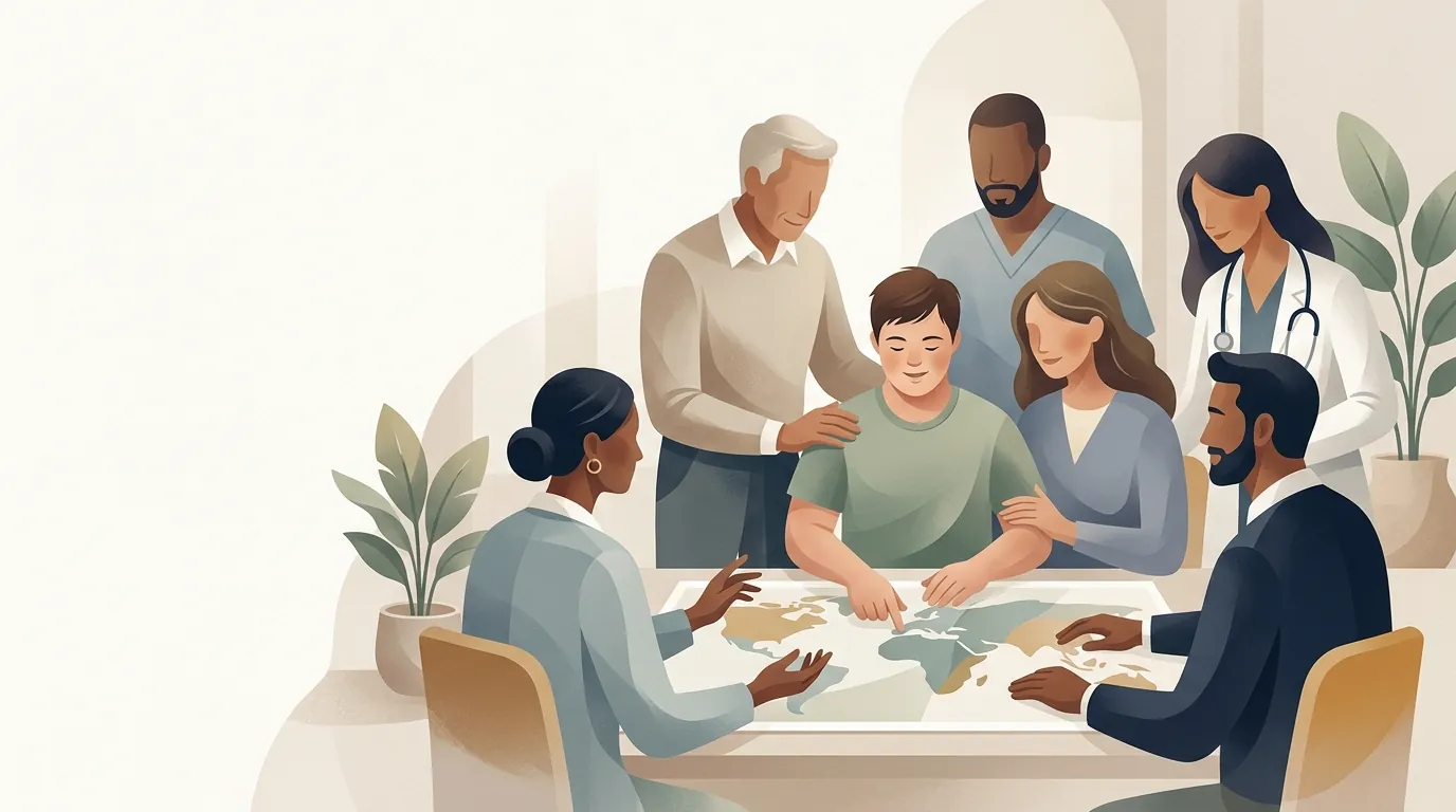 Soft editorial condition visual for Down syndrome therapy planning information.