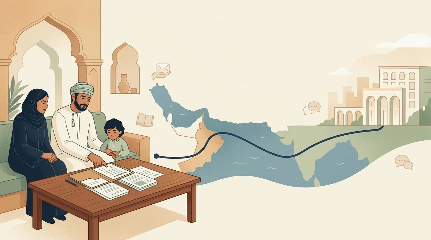 Soft editorial travel-planning visual for families travelling from Oman to Delhi NCR.