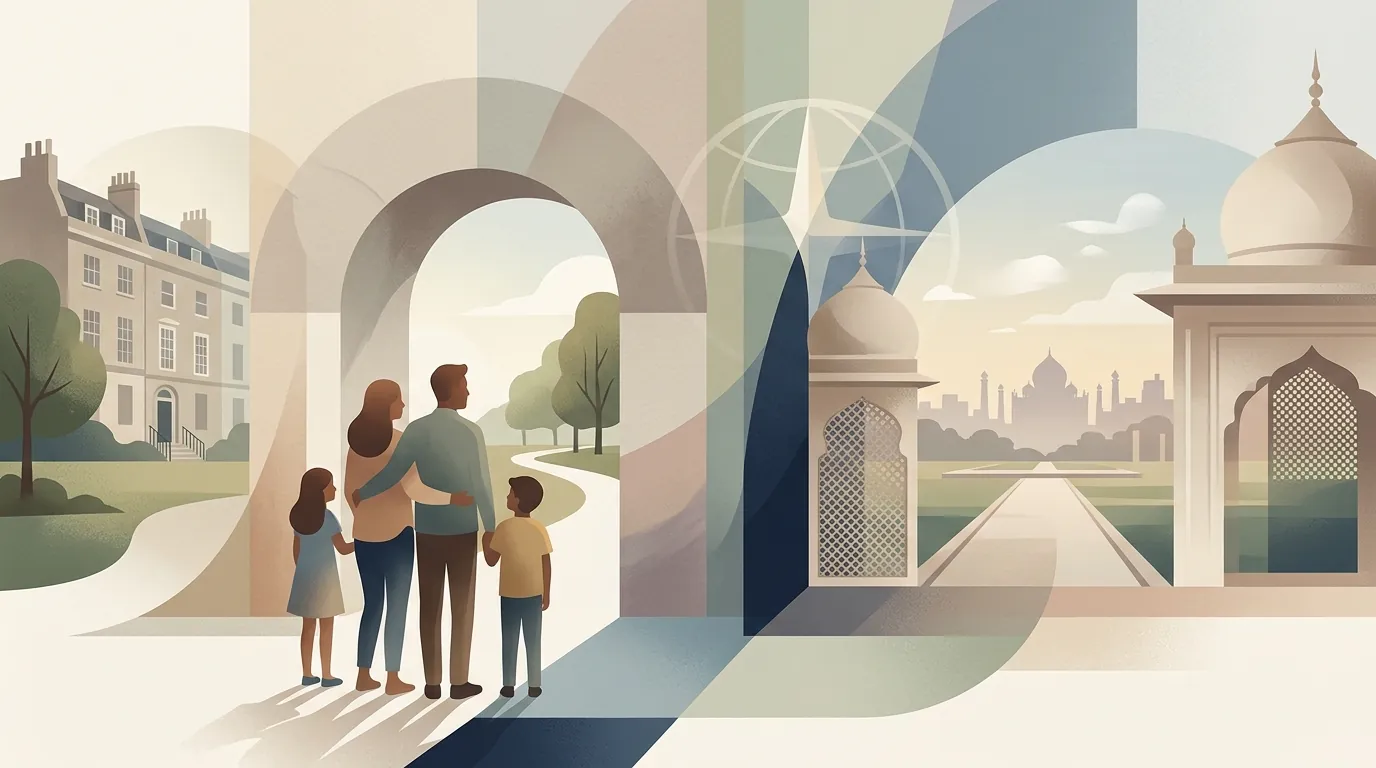 Soft editorial travel-planning visual for families travelling from the UK to Delhi NCR.