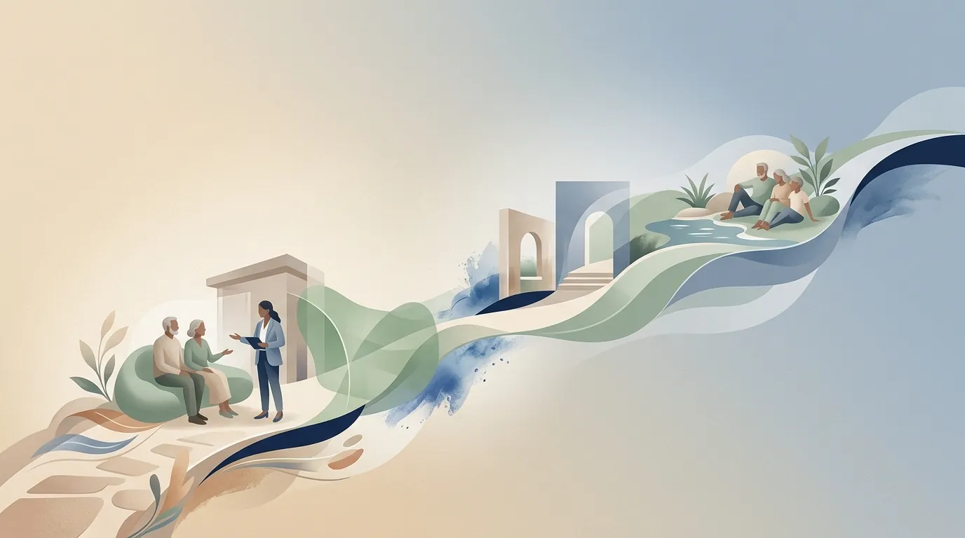 Soft editorial illustration showing a structured family journey from first enquiry to follow-up planning.