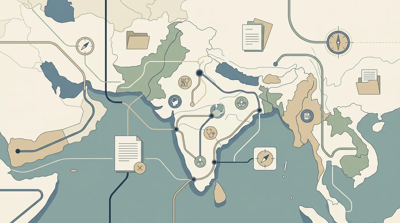 Conceptual editorial visual showing India as a practical, connected therapy-planning destination.