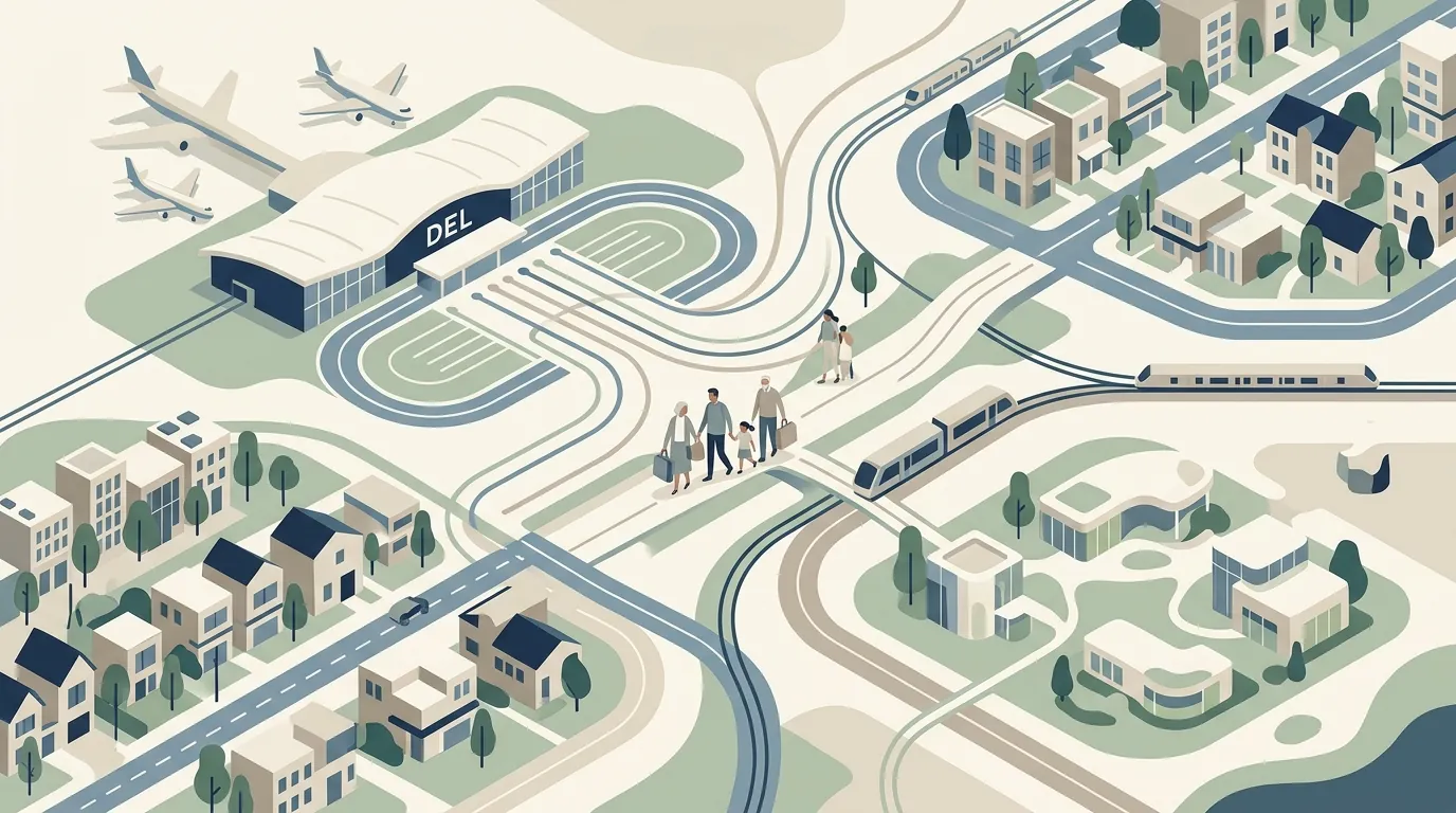 Soft editorial city-network illustration showing Delhi NCR as a connected, family-manageable therapy hub.