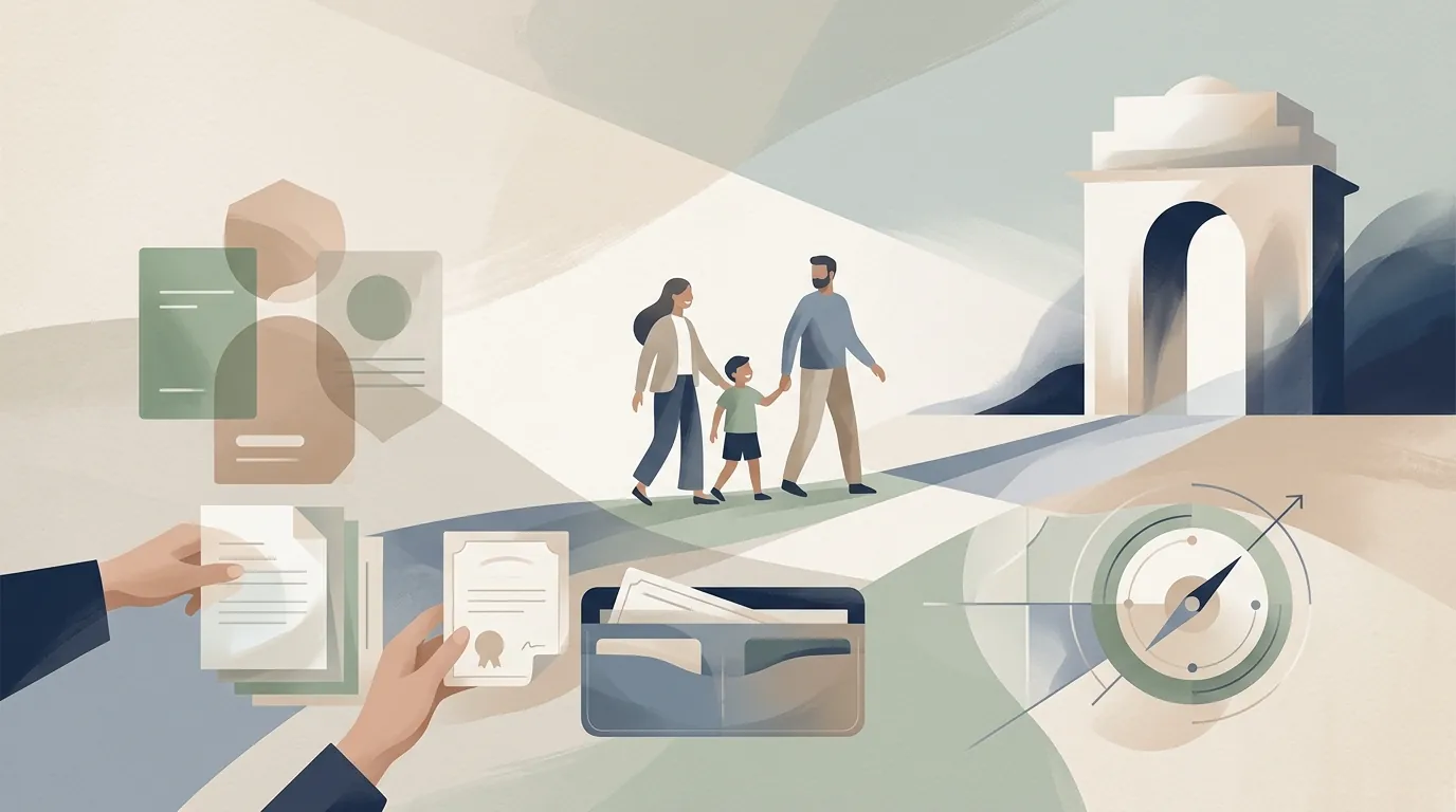 Soft planning-led illustration showing travel preparation, visa support, and coordinated arrival logistics.