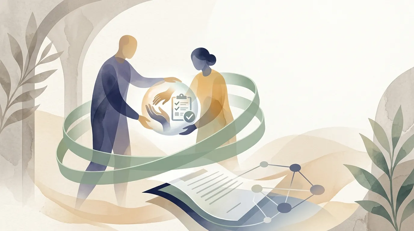 Editorial visual representing safety systems, safeguarding, and quality checks for a therapy-coordination pathway.